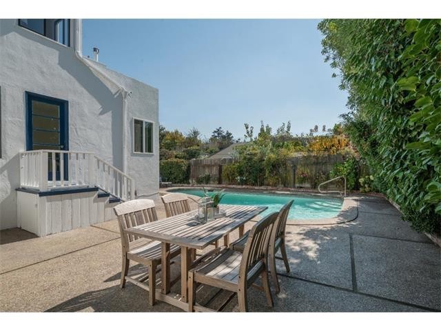 backyard features swimming pool and seating area