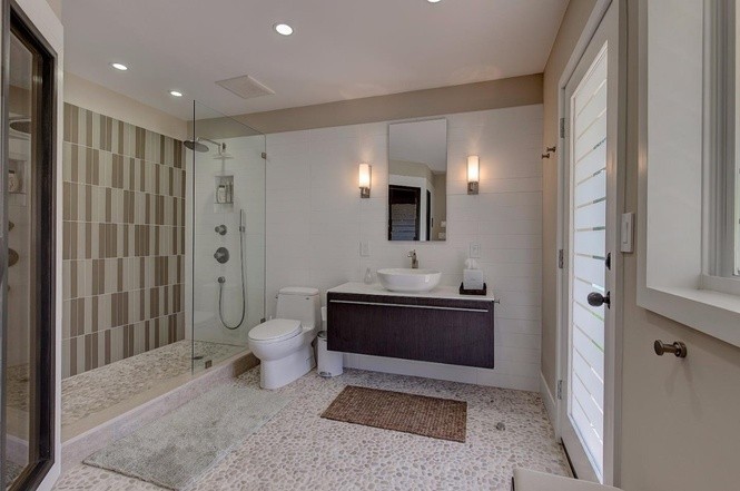 spa-inspired guest bath with sauna